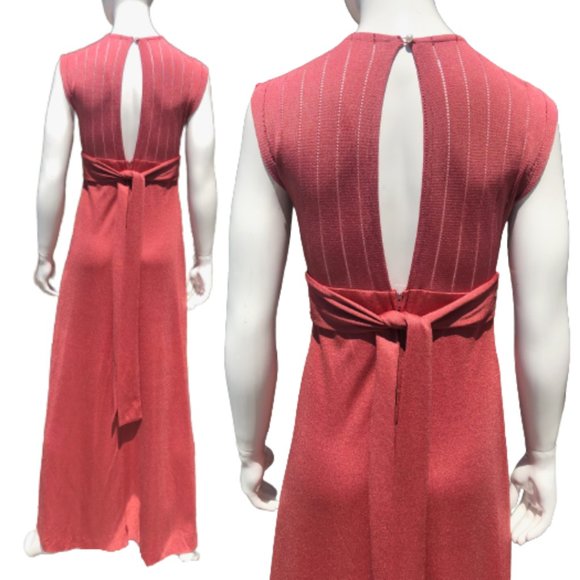 Vtg 70s Puce Rose Pointelle Knit V-Neck Tie Waist Open Back Maxi Disco Gown S/M - Picture 9 of 17